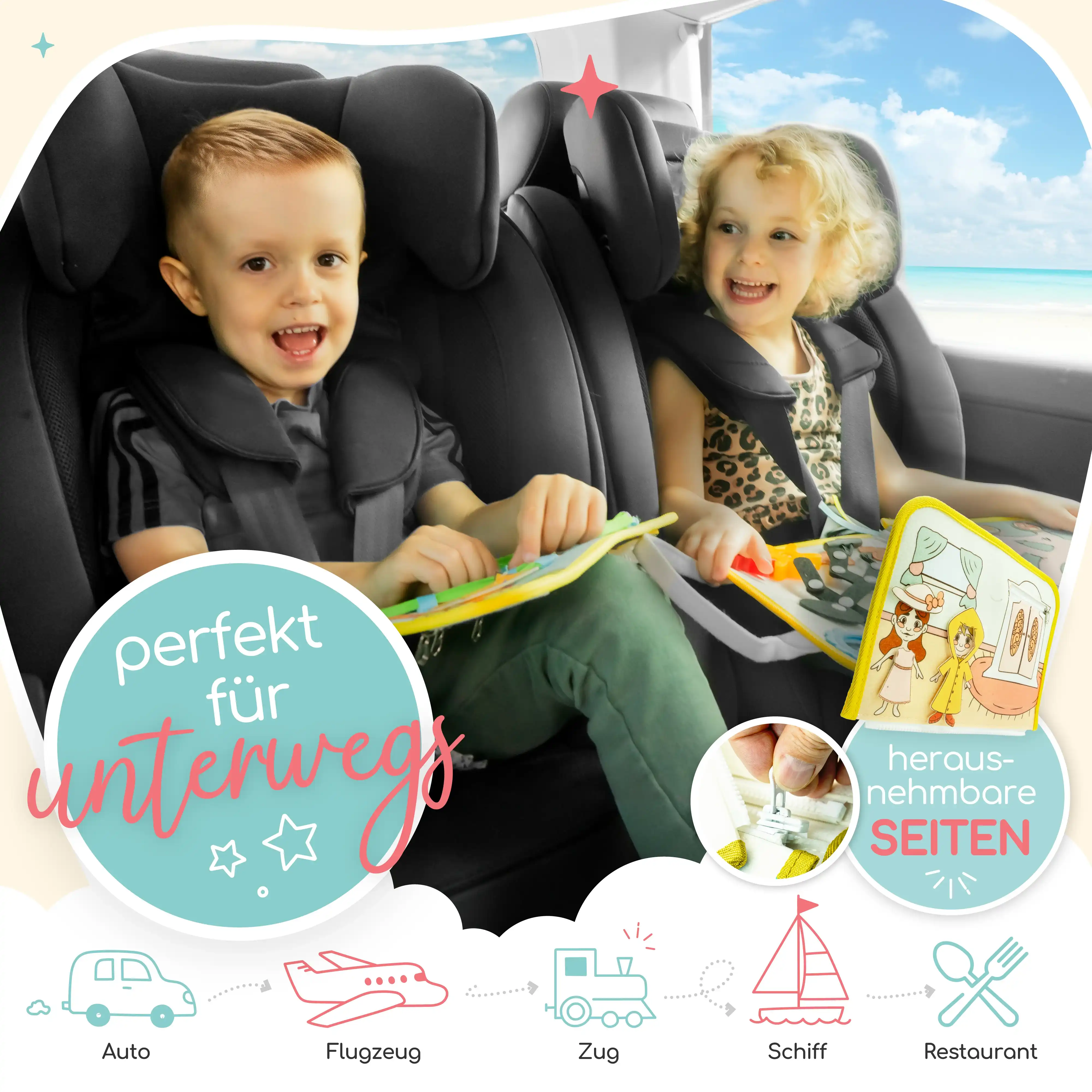 Kinder im Auto mit dem Busy Board Alpaka