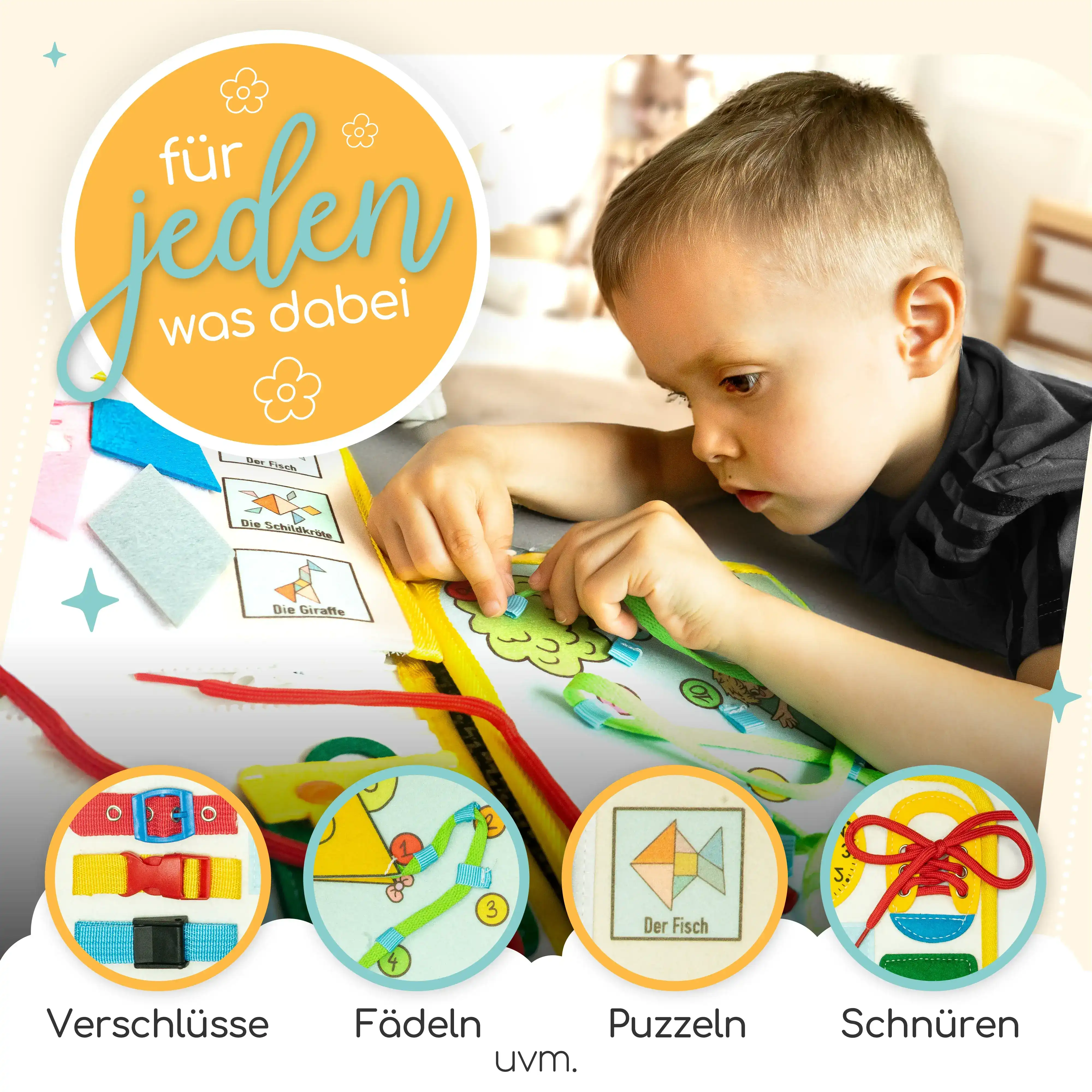 Kind lernt mit dem Busy Board Alpaka