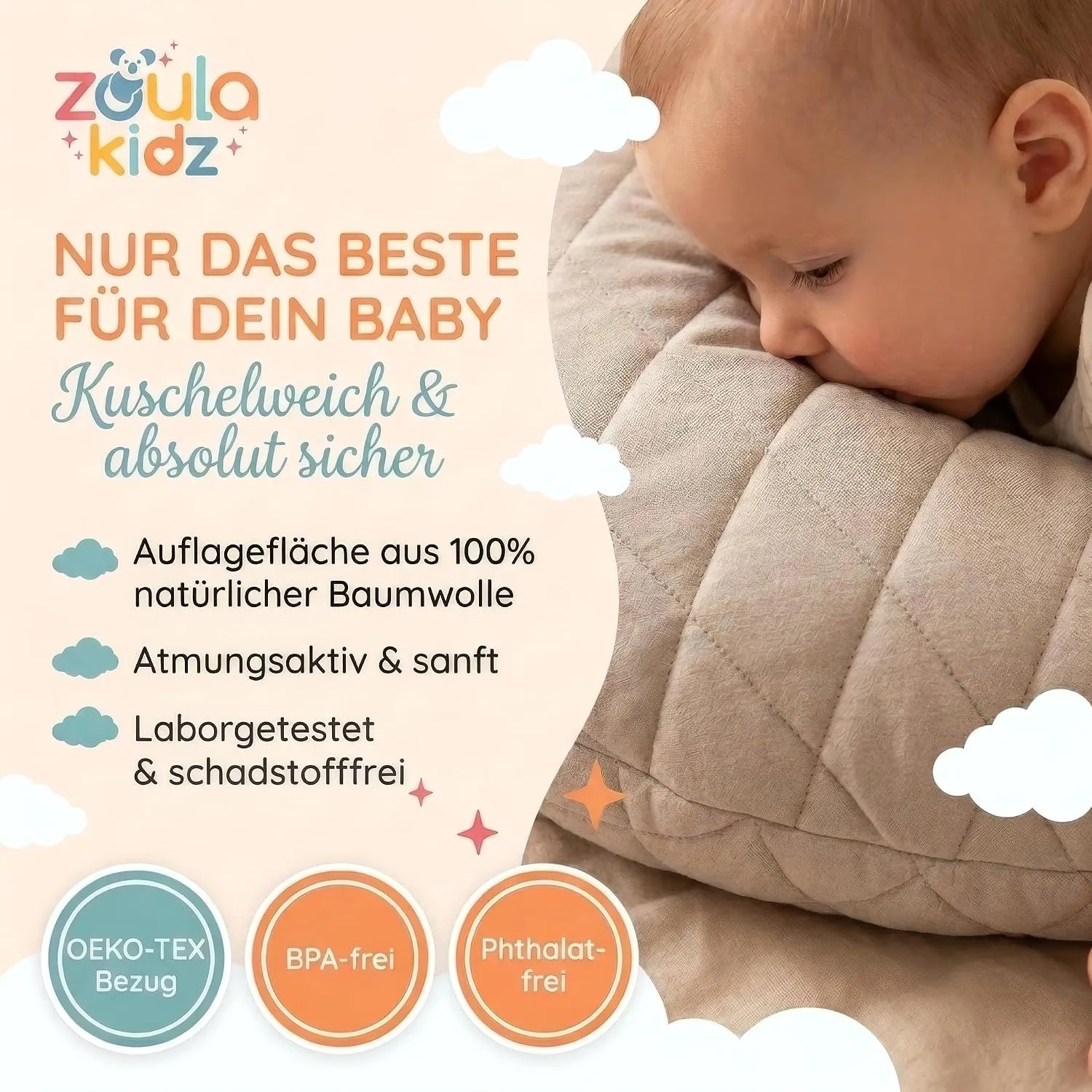 Kuschelweicher OEKO-TEX Bezug aus 100 % natürlicher Baumwolle – laborgetestet und schadstofffrei